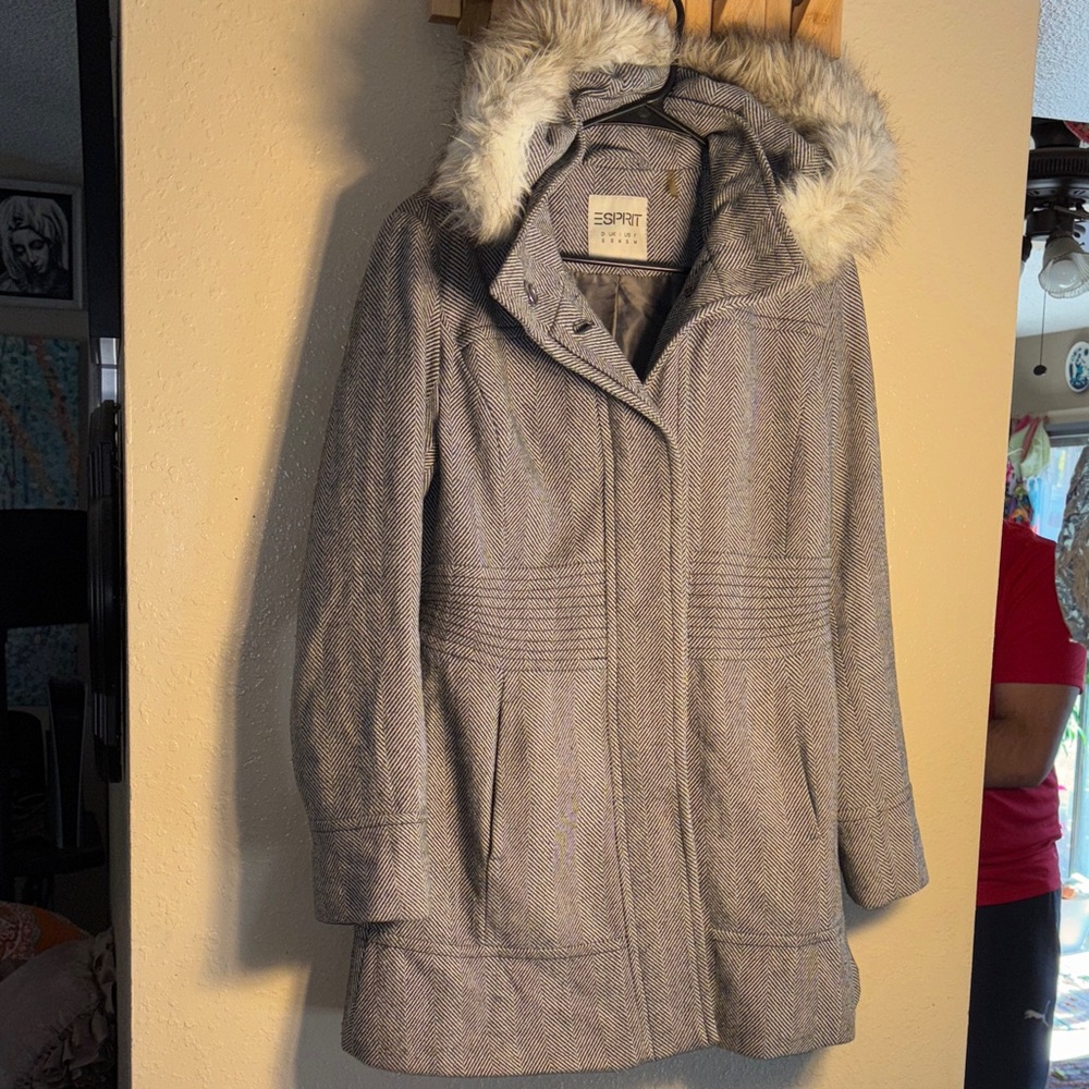 Esprit women's gray herringbone wool-blend hooded jacket with faux fur trim siz